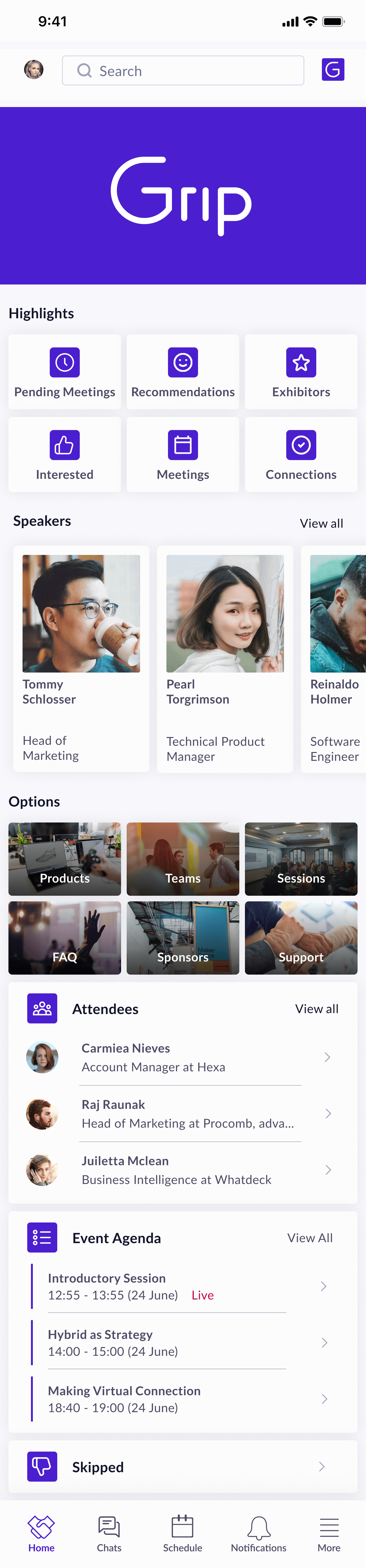 Grip home screen showing highlights, speakers, and event agenda