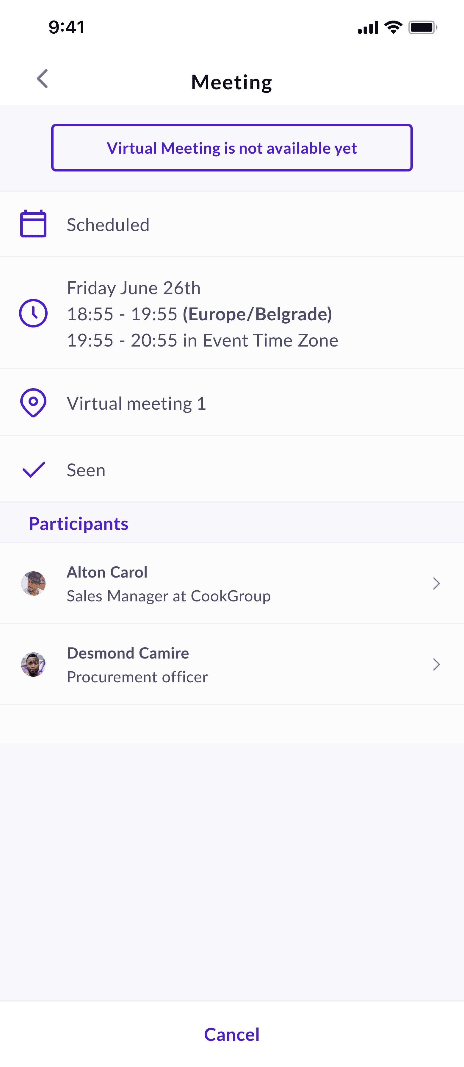 Meeting detail view with participants and scheduling info