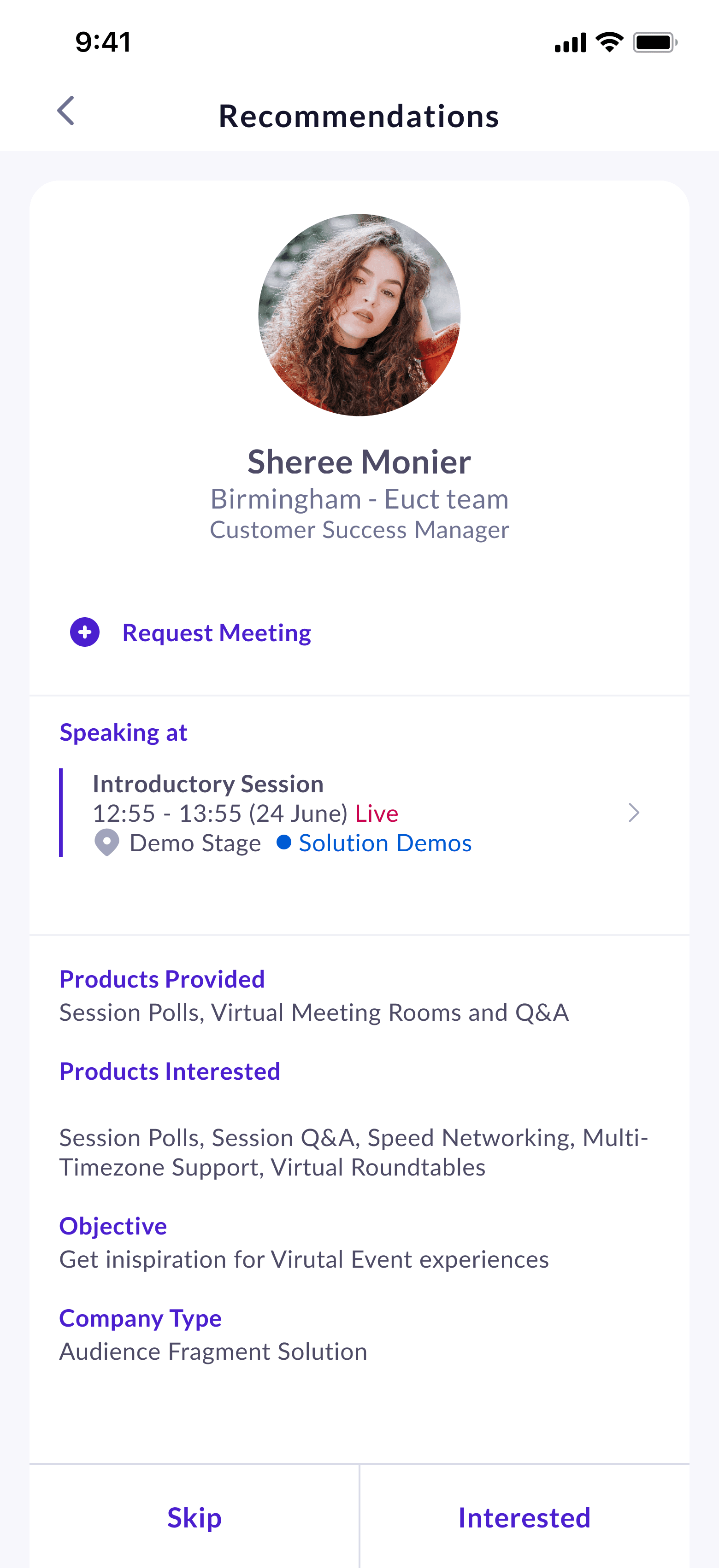 AI recommendation card with contextual rationale and request meeting action